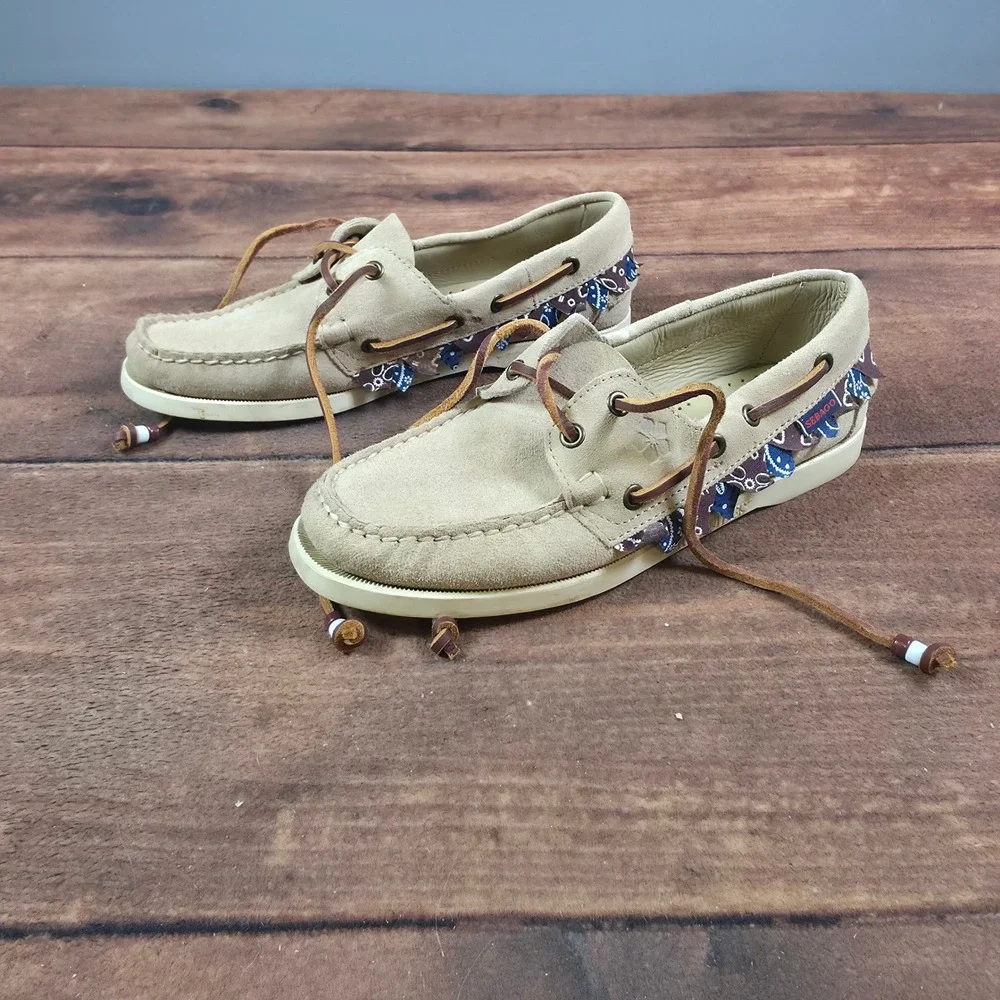 Sebago Docksides Boat Shoes Mens 8.5 Tan Suede Good Bandana Trim Leather Laces